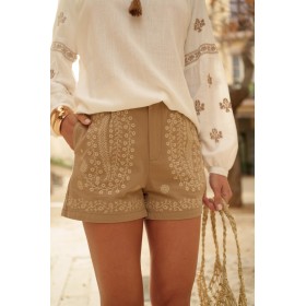 Short Beige avec Broderie Élégante