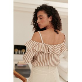 Blouse Épaules Dénudés en Coton Rayé