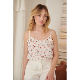 Débardeur Fleuri à Volants Beige