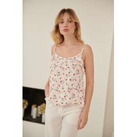 Débardeur Fleuri à Volants Beige