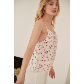 Débardeur Fleuri à Volants Beige
