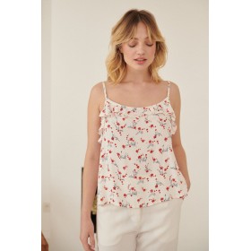 Débardeur Fleuri à Volants Beige