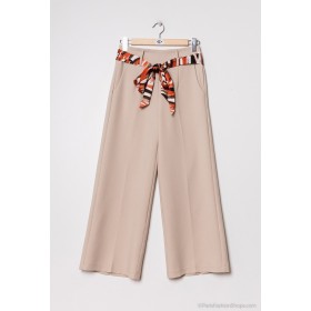 Pantalon Flare avec Ceinture Assortie Beige Andréa